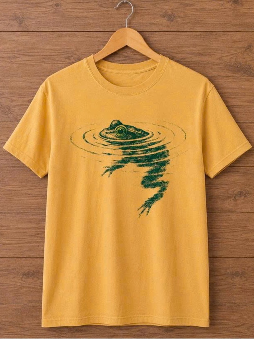 Funny Frog T shirt, Mustard Short Sleeve Tee with Green Frog Ripples Graphic